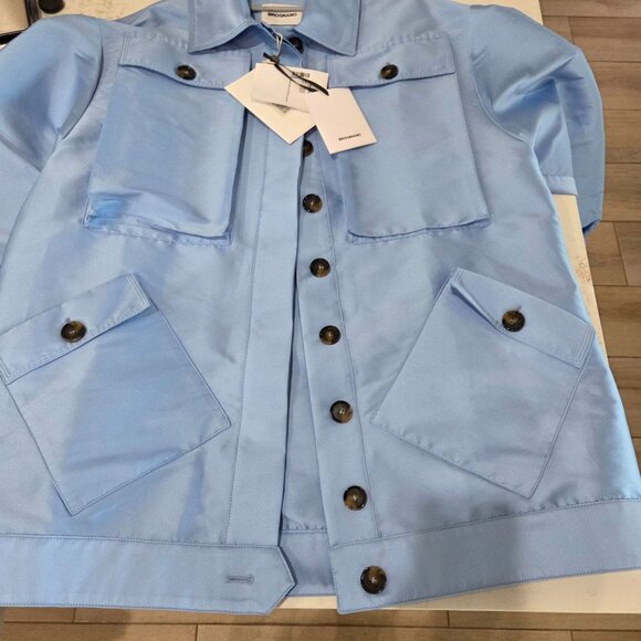 NWT Brognano Safari Jacket Sz S to XL Oversized Light Blue Satiny Designer Italy - Picture 7 of 14
